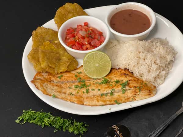 fried fish with salsa and sauces
