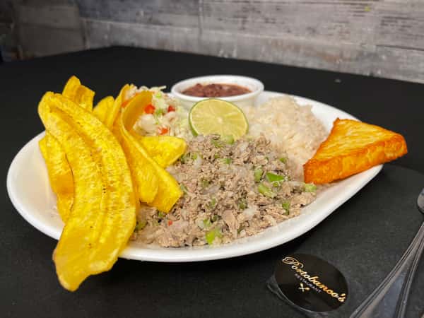 plantain, rice, bread, slaw